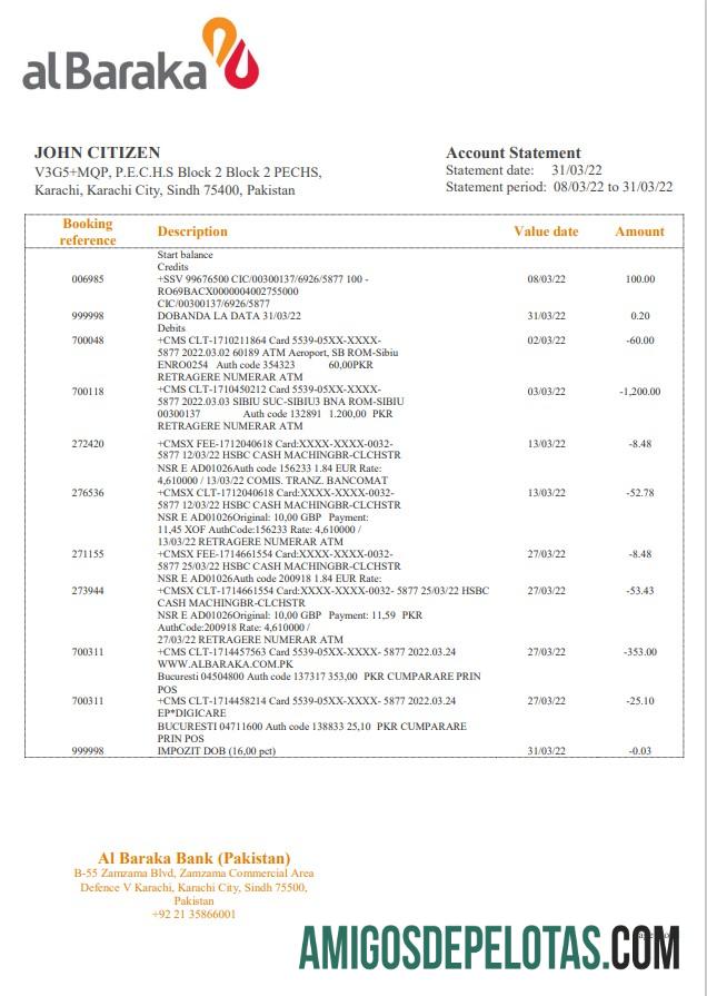 Pakistan Al Baraka modelo de extrato bancário
